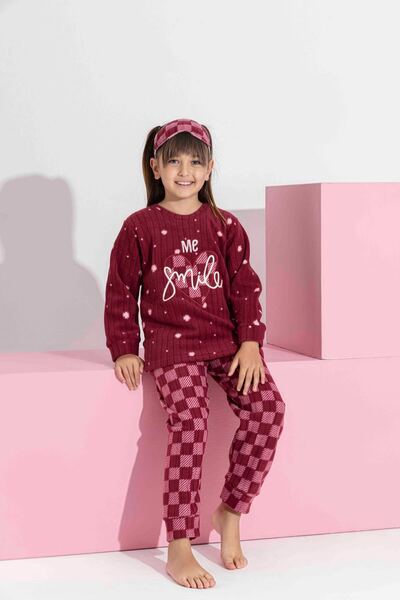 Tarık Girl Teen and Child Burgundy Square Patterned Long Sleeve Fleece Plush Fabric Winter Warm Pajama Set