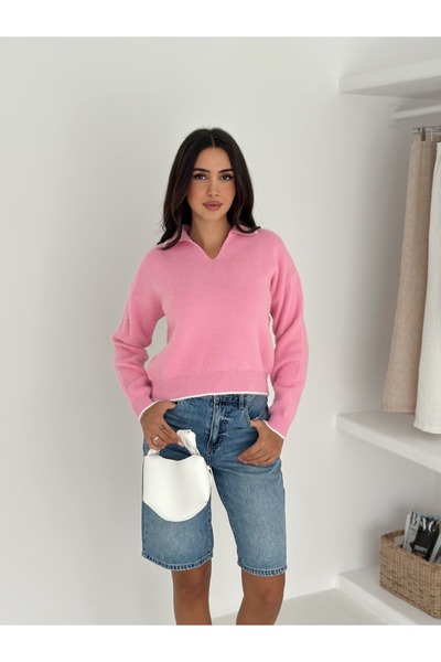 Brantu Γυναικείο πουλόβερ με μακρυμάνικο λαιμόκοψη σε σχήμα V, ροζ πλεκτό πουλόβερ