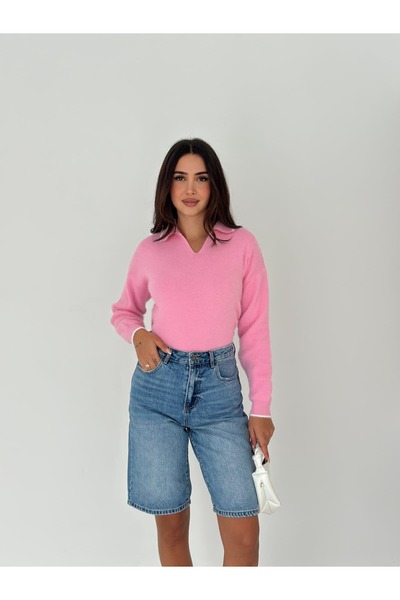 Brantu Γυναικείο πουλόβερ με μακρυμάνικο λαιμόκοψη σε σχήμα V, ροζ πλεκτό πουλόβερ