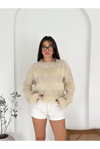 Brantu Pulover de tricotat bej pentru femei cu mâneci lungi și franjuri