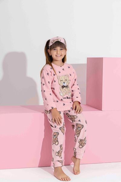 Tarık Girl Teen and Child Pink Teddy Bear Patterned Long Sleeve Fleece Plush Fabric Winter Warm Pajama Set
