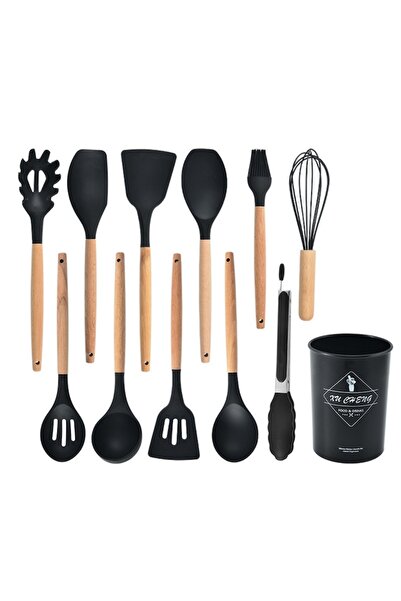 OEM Set de ustensile de bucătărie cu 12 piese, din lemn și silicon alimentar, rezistente la căldură, antiaderente, negre