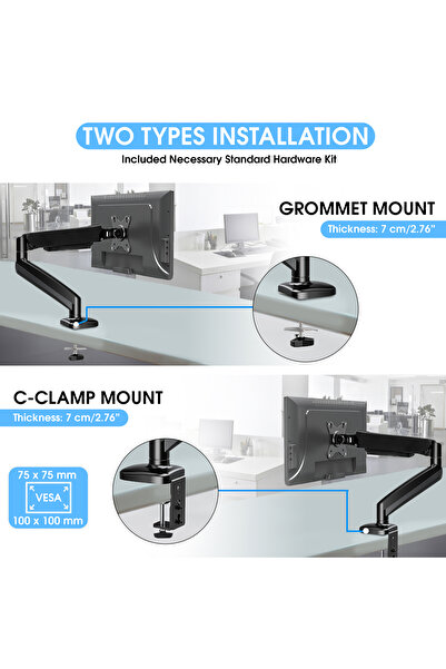 Essentials 360 ® Computer Monitor Arm, Gas Spring Monitor Mount Desk Mount Tilt Angle for 10-32 Inch