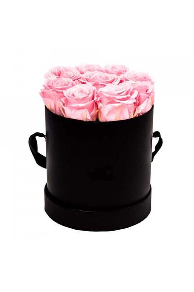 velve Aranjament floral cu 9 trandafiri de sapun, in cutie neagra rotunda, ro...
