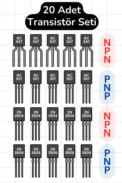 Scordion Transistör Seti - 4 Çeşit 20 Adet - BJT NPM PNP TO-92 - BC547, BC557, 2N3904, 2N3906