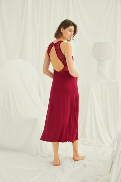 MONAMİSE Women'S, Low-Cut Lace Slit Red Nightgown with Open Chest and Back