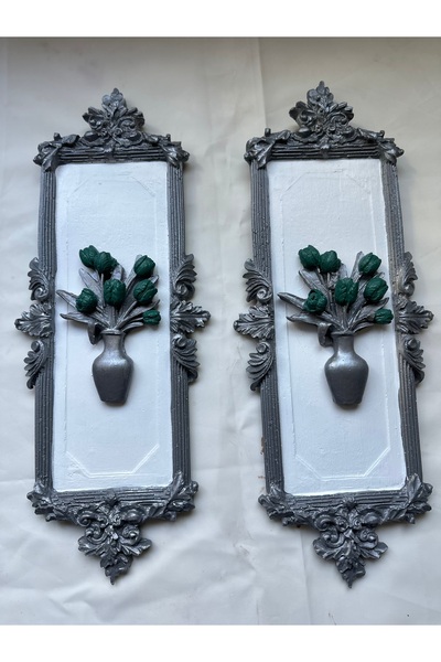 busraconcept Tablou argintiu din 2 piese cu flori verzi 45 cm