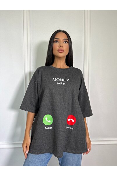 CC STORE Tricou oversized „Money Calling”, cu imprimeu amuzant și urban