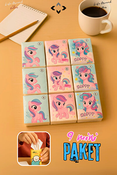 LİGROUND Unicorn Sevimli Desenli 9’lu Mini Peçete Taşınabilir Çocuk Okul Çanta Cep Mendili Hijyenik Kağıt