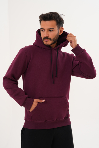 BigBrossBoutique Ανδρικό φούτερ με κουκούλα με τσέπη καγκουρό, βασική εφαρμογή, 3 νήματα, μπορντό
