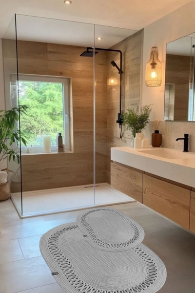 Salvia Dione Σετ χαλιών μπάνιου από ψάθινη γιούτα 2 τεμαχίων οβάλ αντιολισθητική βάση που απορροφά το νερό Διακοσμητικό χαλάκι μπάνιου