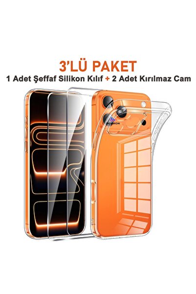 Dexmon Iphone 18 Pro / 17 Pro Uyumlu 1 Adet Şeffaf Silikon Kılıf + 2 Adet Kır...