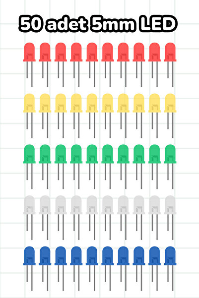 Scordion 5mm LED Seti - 50 Adet 5 Renk (Kırmızı, Sarı, Yeşil, Beyaz, Mavi)