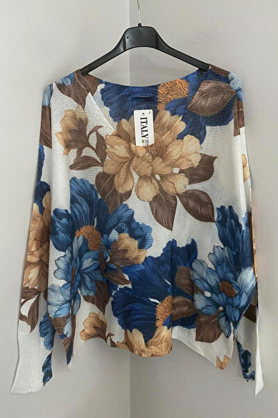 AYASOFYA OTANTIK Women's Italian Navy Blue V-Neck Vintage Floral Patterned Loose Mercerized Blouse