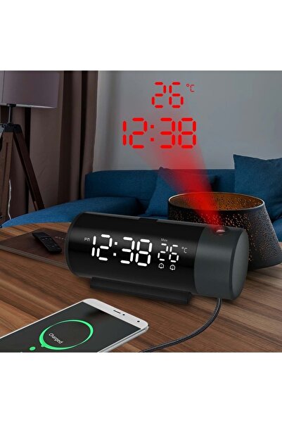 HyMark Projeksiyonlu Silindir USB Güç LED Ekran Çalar Saat Sıcaklık Çift Alarm