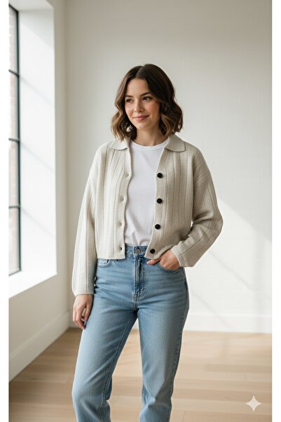 ser arte Cream Polo Collar Cardigan