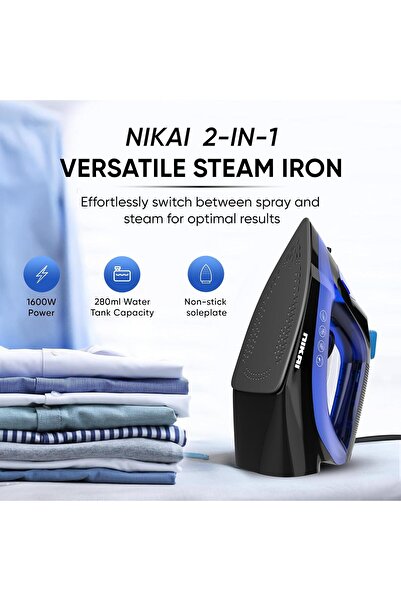 Nikai Steam Iron with Non-Stick Soleplate, 1600W Fabric care, Vertical Steam, Dry & Spray Options, A