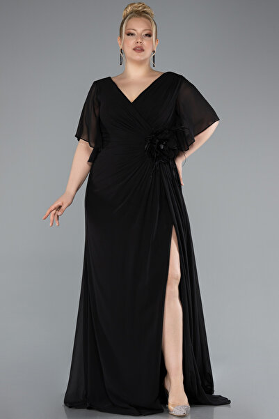 Abiyefon Siyah Kısa Kol Bacak Dekolteli Uzun Şifon Büyük Beden Abiye ABU4911