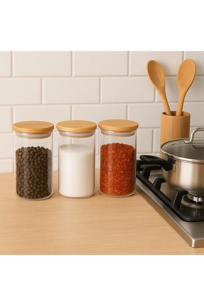 Noah Exclusive 3-Piece Tea + Sugar + Coffee Storage Container Set - 420 ml - with Bamboo Lid - 7 cm X 15 cm - Silicone