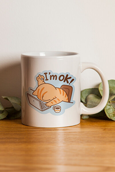 gavebutik Cat-Themed'I'M Ok' Printed Gift Ceramic Mug, Dishwasher Safe