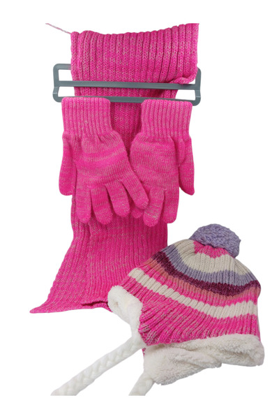 Mustran Children's Scarf, Beanie, Gloves Set of 3 Unisex Waiter Pom-Pom Furry Drawstring Knitwear Winter Gift