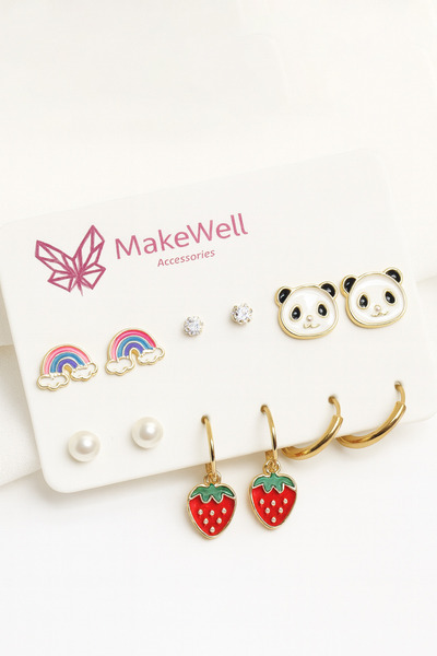 MakeWell Gökkuşağı Çilek Panda Unicorn Kalp Karpuz Çiçek Tasarımlı İnci Zirkon Halka Küpeli Çocuk Küpe Seti