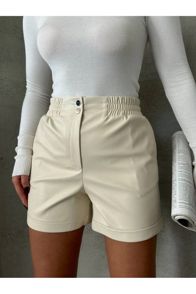 BilfolD Leather Shorts with Elastic Waistband and Snap Fasteners W241007