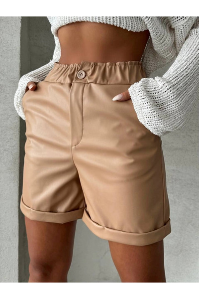Ethab Ticaret Leather Shorts with Elastic Waistband Double Leg Beige W24755
