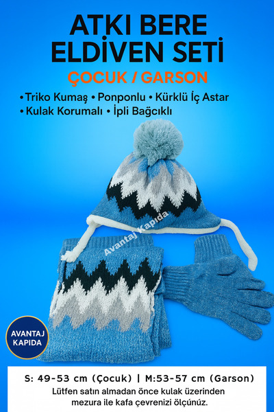 Mustran Children's Scarf, Beanie, Gloves Set of 3 Unisex Waiter Pom-Pom Furry Drawstring Knitwear Winter Gift