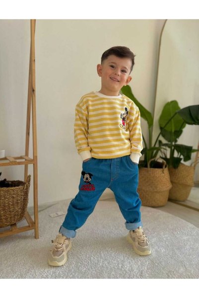 Bayramlık Erkek Çocuk Mickey Baskılı Sweatshirt ve Kot Pantolon Takım
