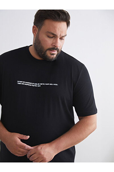 LC Waikiki تي شيرت رجالي أسود مقاس كبير مطبوع من القطن الممشط