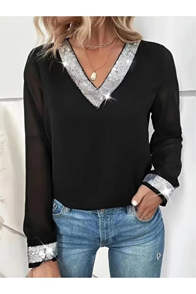 ARONA Eyesof Women's Long Sleeve V Sequin Collar Imported Crepe Blouse