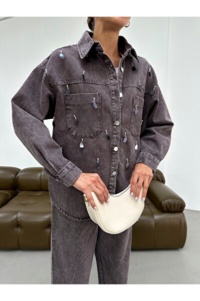 MİA NOURA Дамска дънкова риза с ръчно бродирана предна част