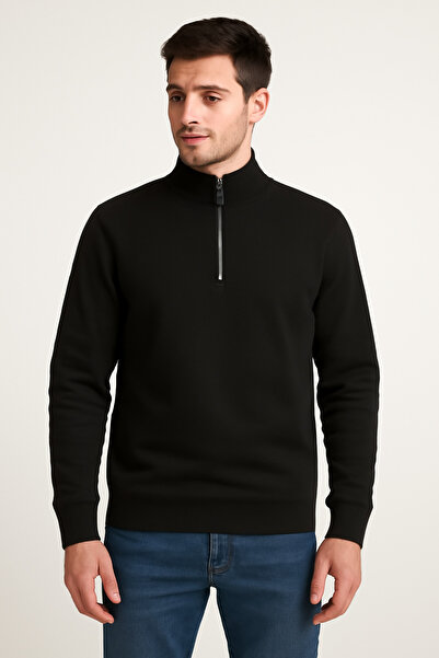 Generic Brand Ribbed Half Zipper Collar Detailed Knitwear Black Sweater