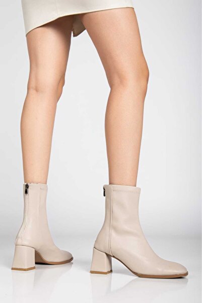 Elegant steps Cİlt Kadın Kalın Kare Burun Topuklu Fermuarlı Çorap Kısa Bot