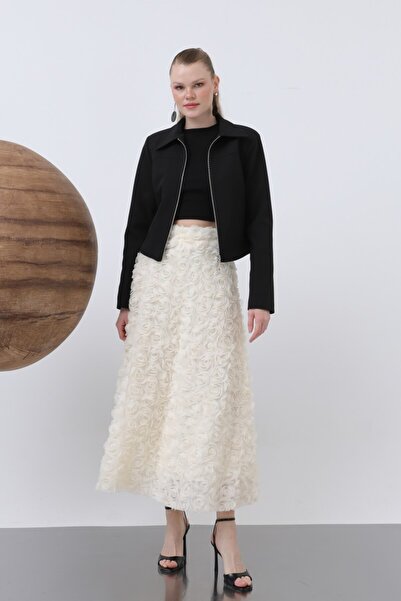 Loreen Kadın Gül Motifli Kloş Tül Etek - 20628ETK - ECRU