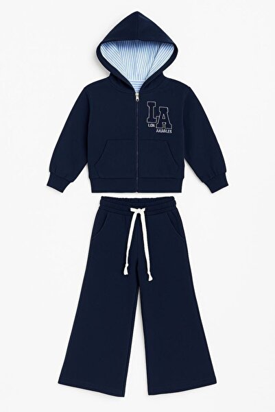 ZabaS Girl's Hooded Zippered Tracksuit Set Navy Blue