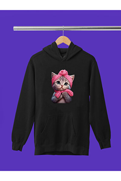 MAGORS Hanorac cu glugă din bumbac cu mânecă lungă, cu imprimeu cu pisică dră...