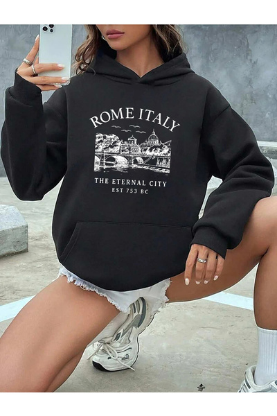 Trend Sizde Hanorac unisex negru cu glugă cu imprimeu Roma Italia