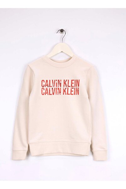 Calvin Klein Baskılı Erkek Çocuk Ekru Sweatshırt IB0IB02527PGB