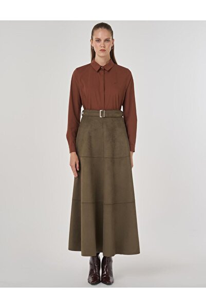 KYR Buckle Detailed Suede Skirt Khaki