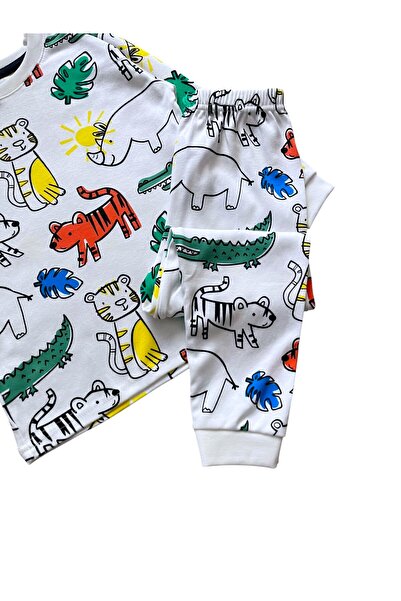 elmas kids Boys' 100% Cotton White Cute Animals Patterned Long Sleeve Winter Pajama Set