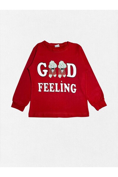 Pajama Shop Boys' 100% Cotton Combed Fabric Red Color Puppy Patterned Long Sleeve Pajama Set