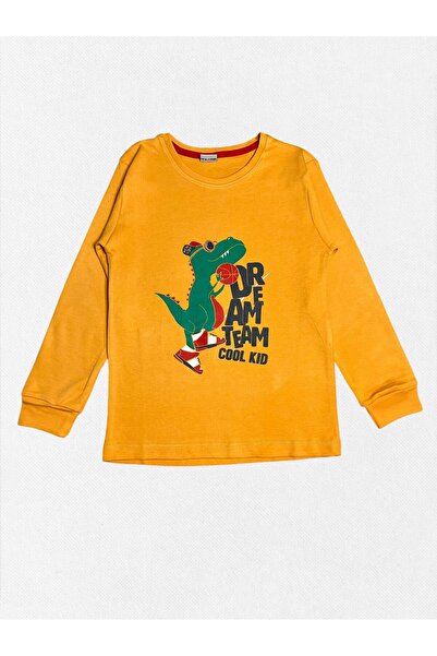 Fil Kids Erkek Çocuk %100 Pamuklu Turuncu Renk Basketçi Dinozor Desenli Uzun Kollu Kışlık Pijama