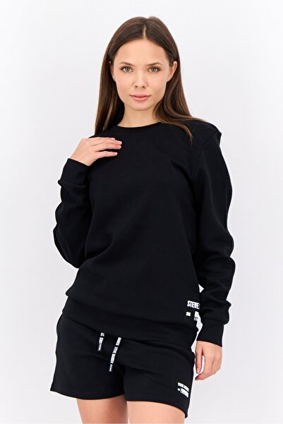 Steve Madden Women 2 Piece Long Sleeve Brand Logo Sweatshirt And Shorts Set, Black