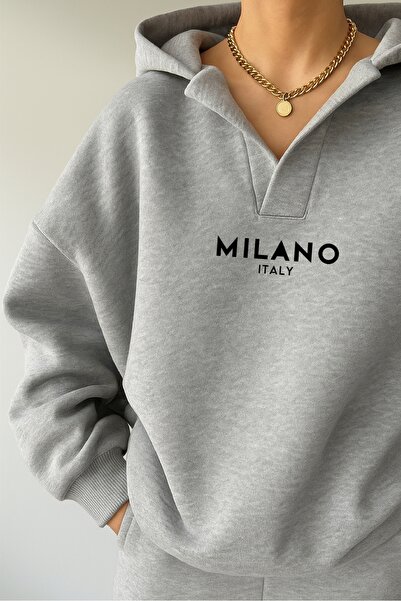 Deocept Unisex Baskılı Oversize Kapüşonlu Baskılı V-Yaka Sweatshirt