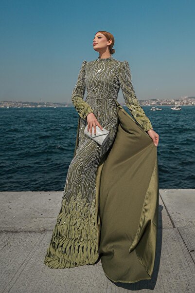 hakimoda Tesettür Ceyla Boncuklu Abiye Zeytin Yeşili