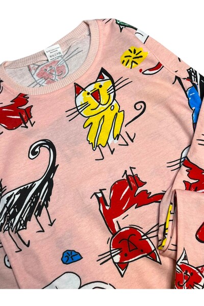 Fil Kids Girls' Cotton Fabric Kitten Mouth Color Cat Pattern Long Sleeve Seasonal Pajamas