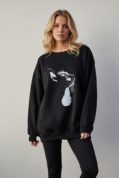 UNCİA OUTDOORS Hanorac de damă cu imprimeu cu pisici, supradimensionat, cu mâ...