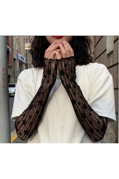 La Saade Gothic Charm Gloves-Çiçek Desenli Uzun Siyah Dantel Kolluk Eldiven